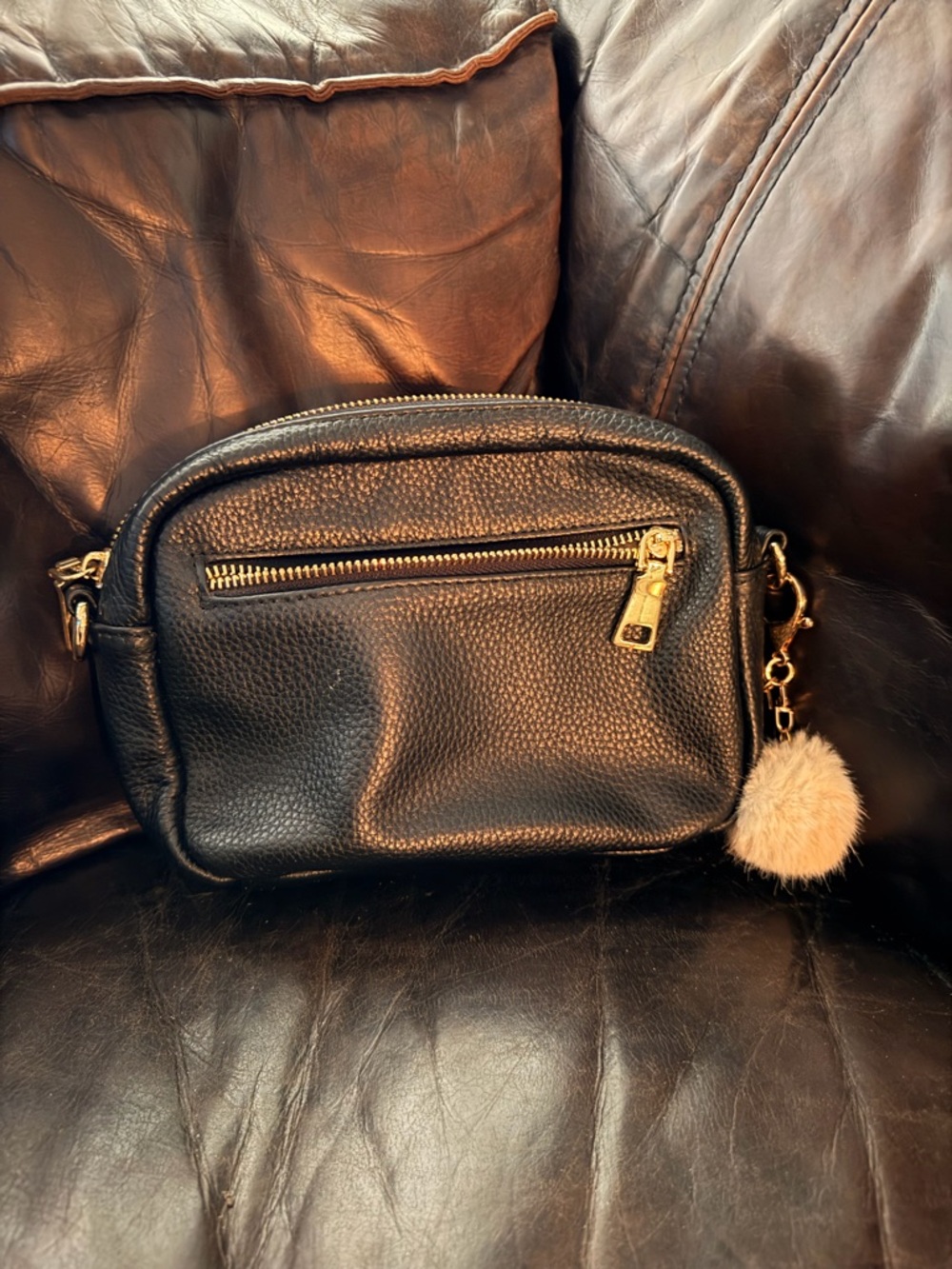 Black Pebbled Crossbody Bag with Pom Charm - Picture 2 of 5
